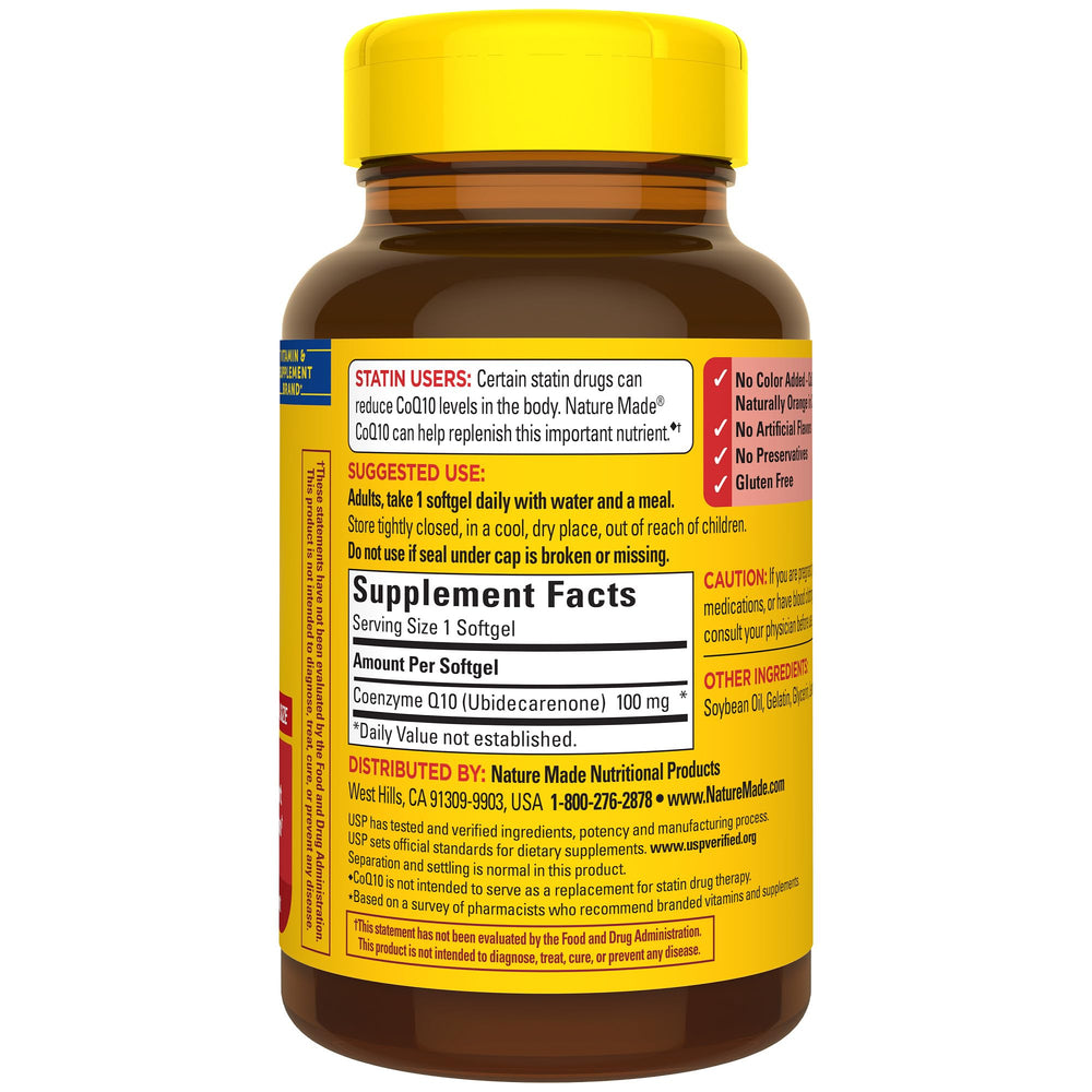 Front view of Nature Made CoQ10 100 mg bottle for quick recognition.
