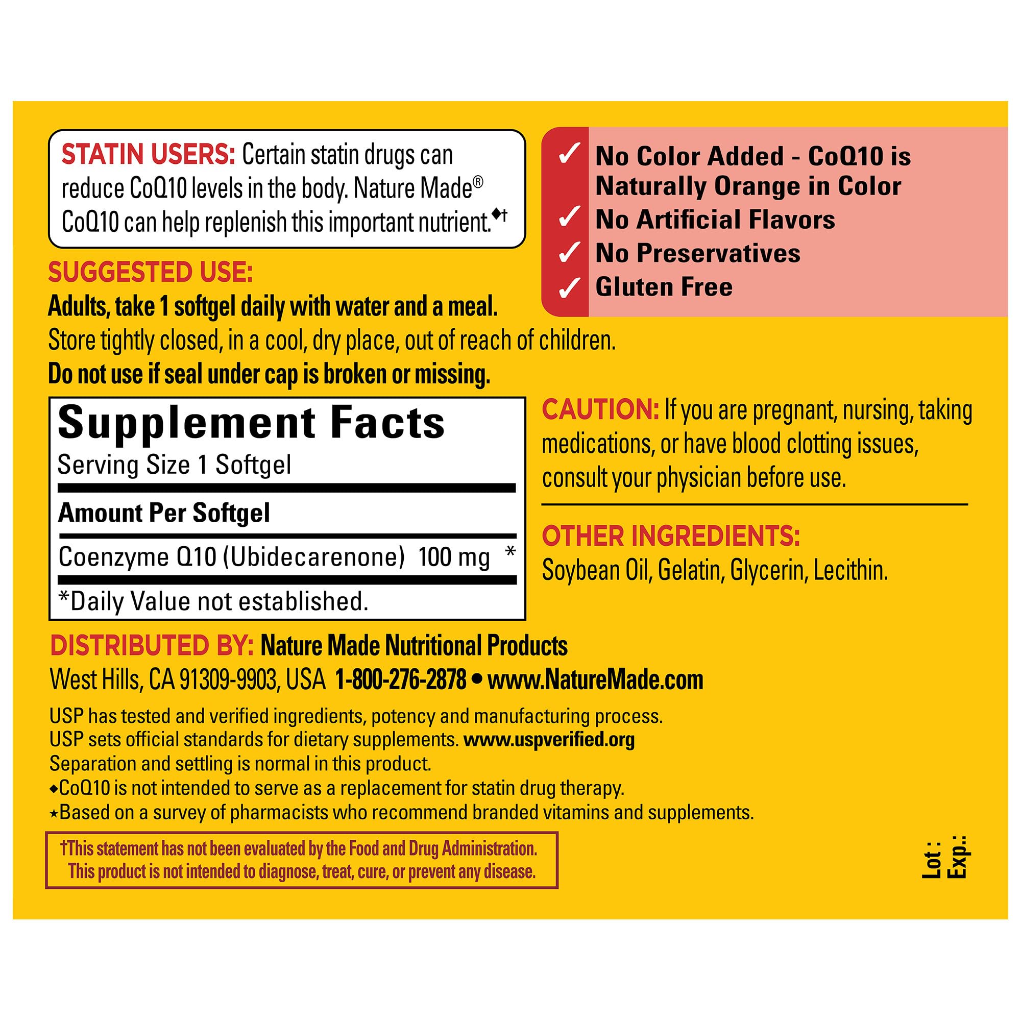 Nature Made CoQ10 gluten-free icon on bottle emphasizes dietary compatibility.