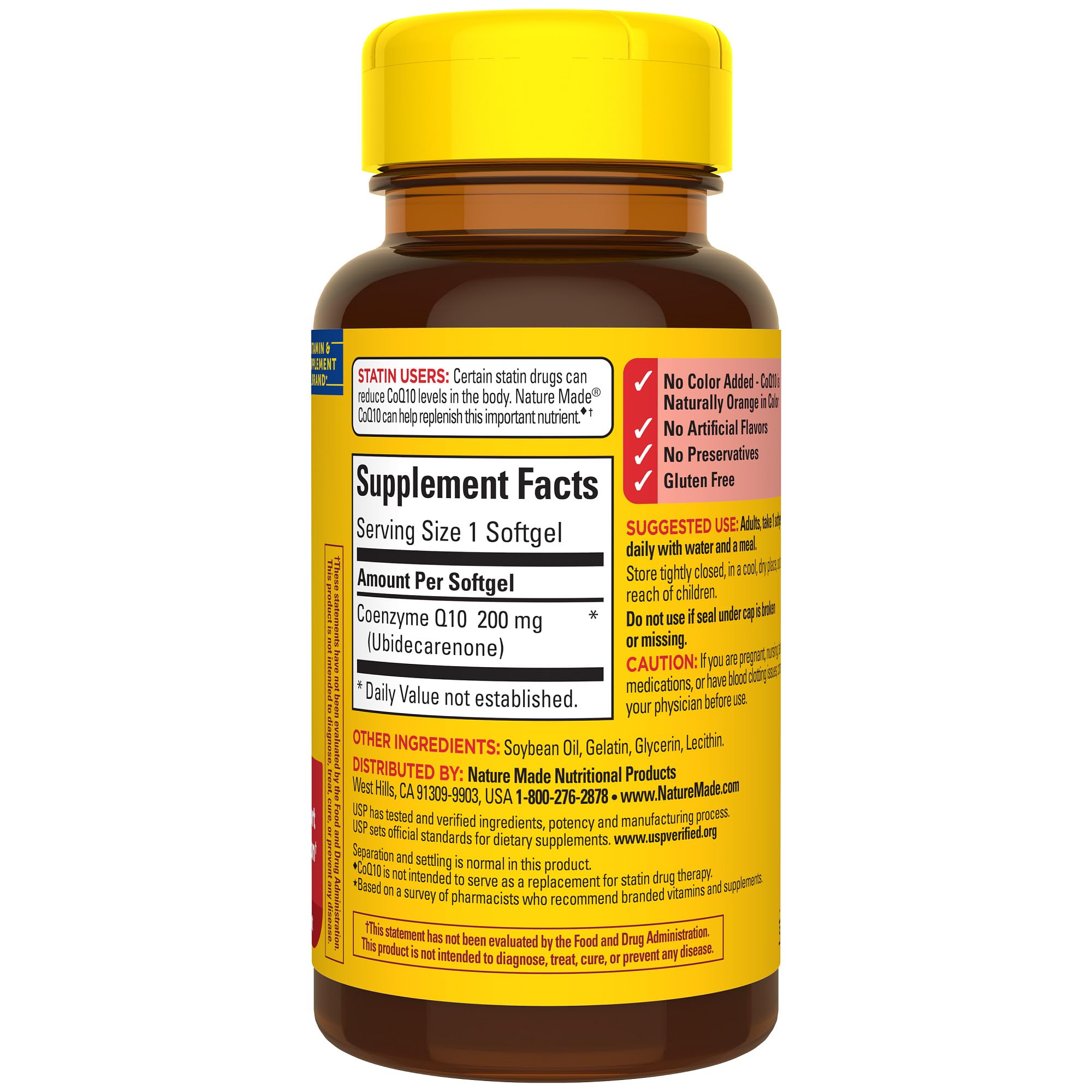 Amber bottle of Nature Made CoQ10 200 mg softgels protecting potency
