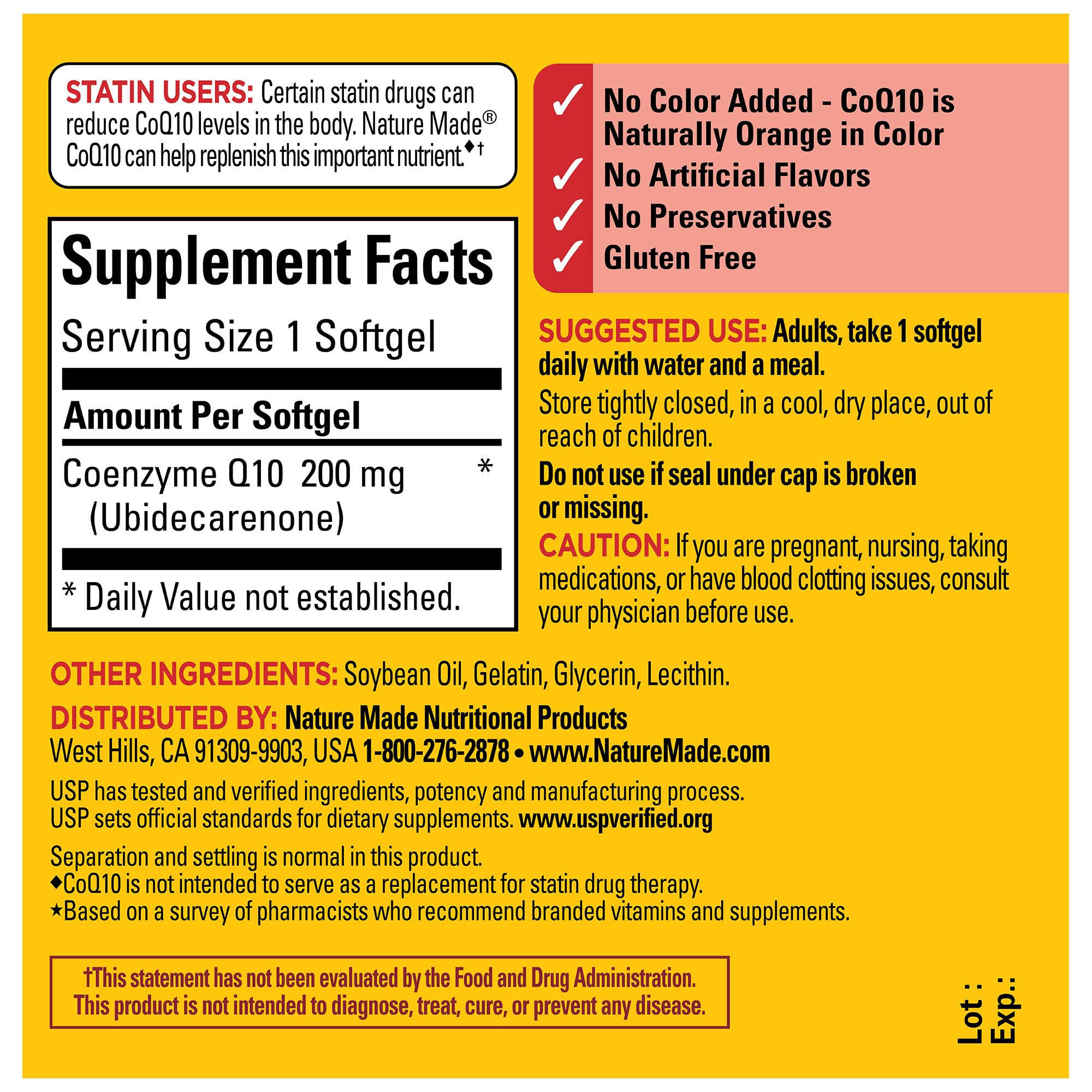 USP verified seal on Nature Made CoQ10 200 mg softgels