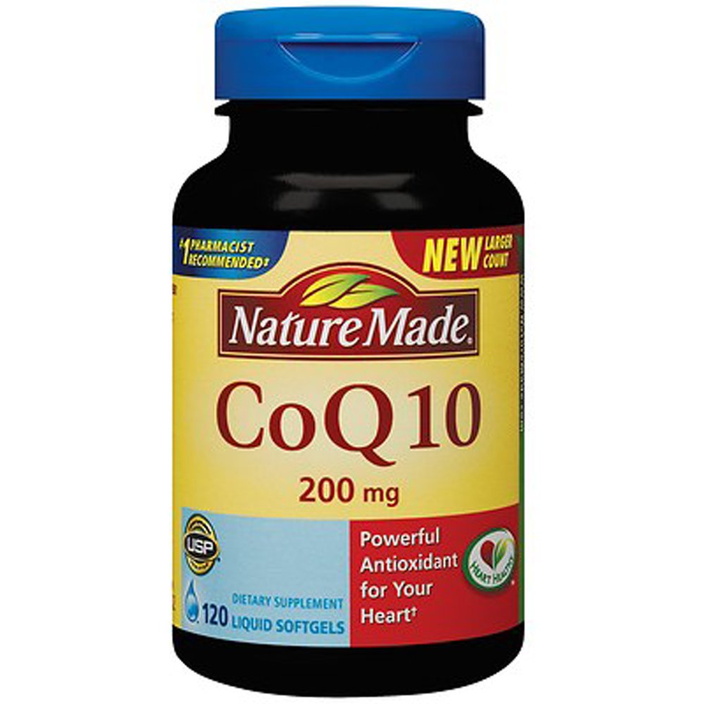 Nature Made CoQ10 orange bottle with 120 softgels for potential energy support.