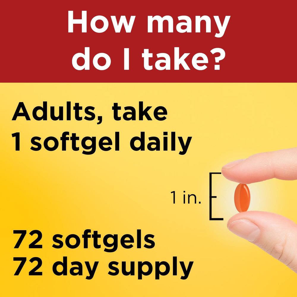Nature Made CoQ10 softgel with water and a meal taken daily.
