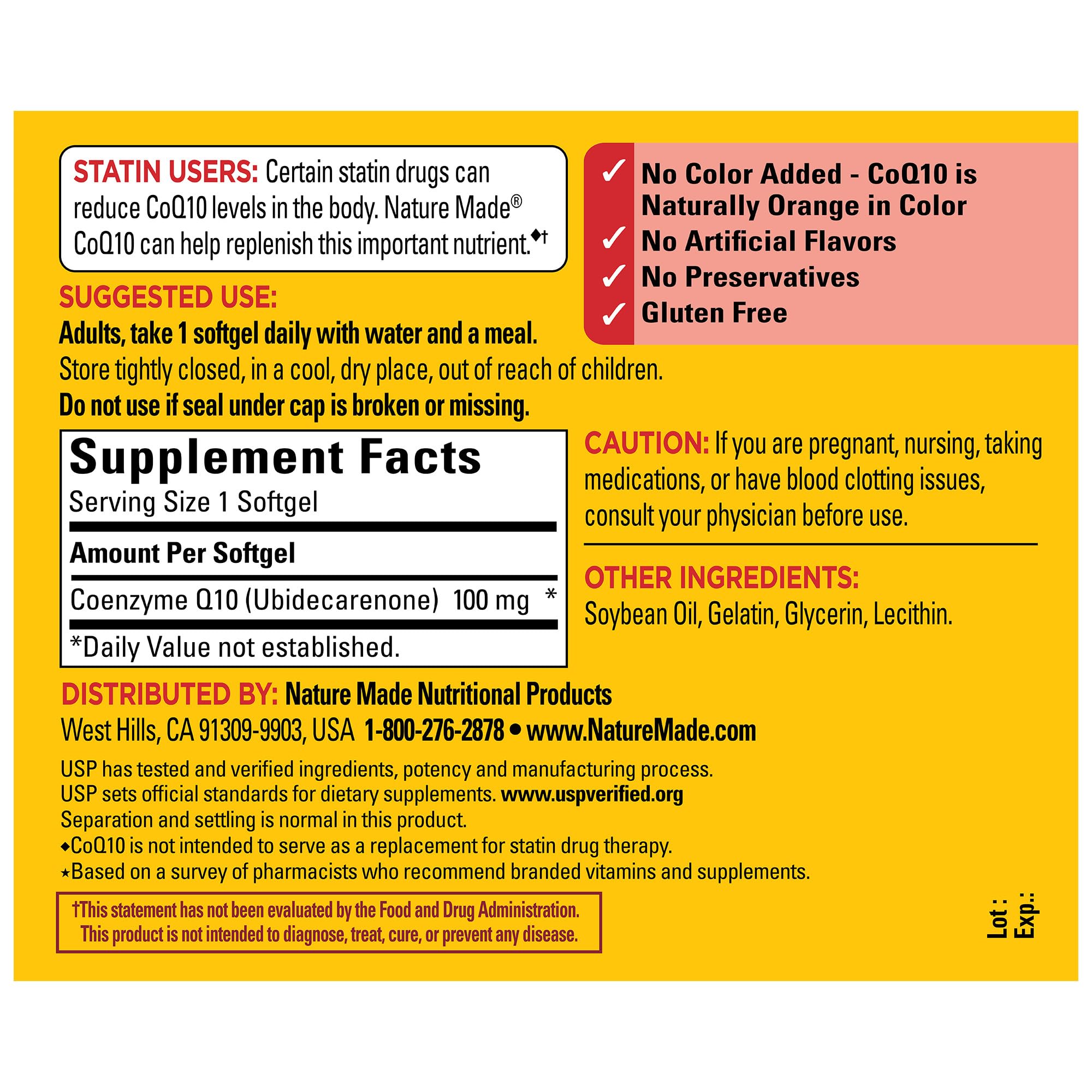 USP Verified badge on Nature Made CoQ10 bottle signals quality.