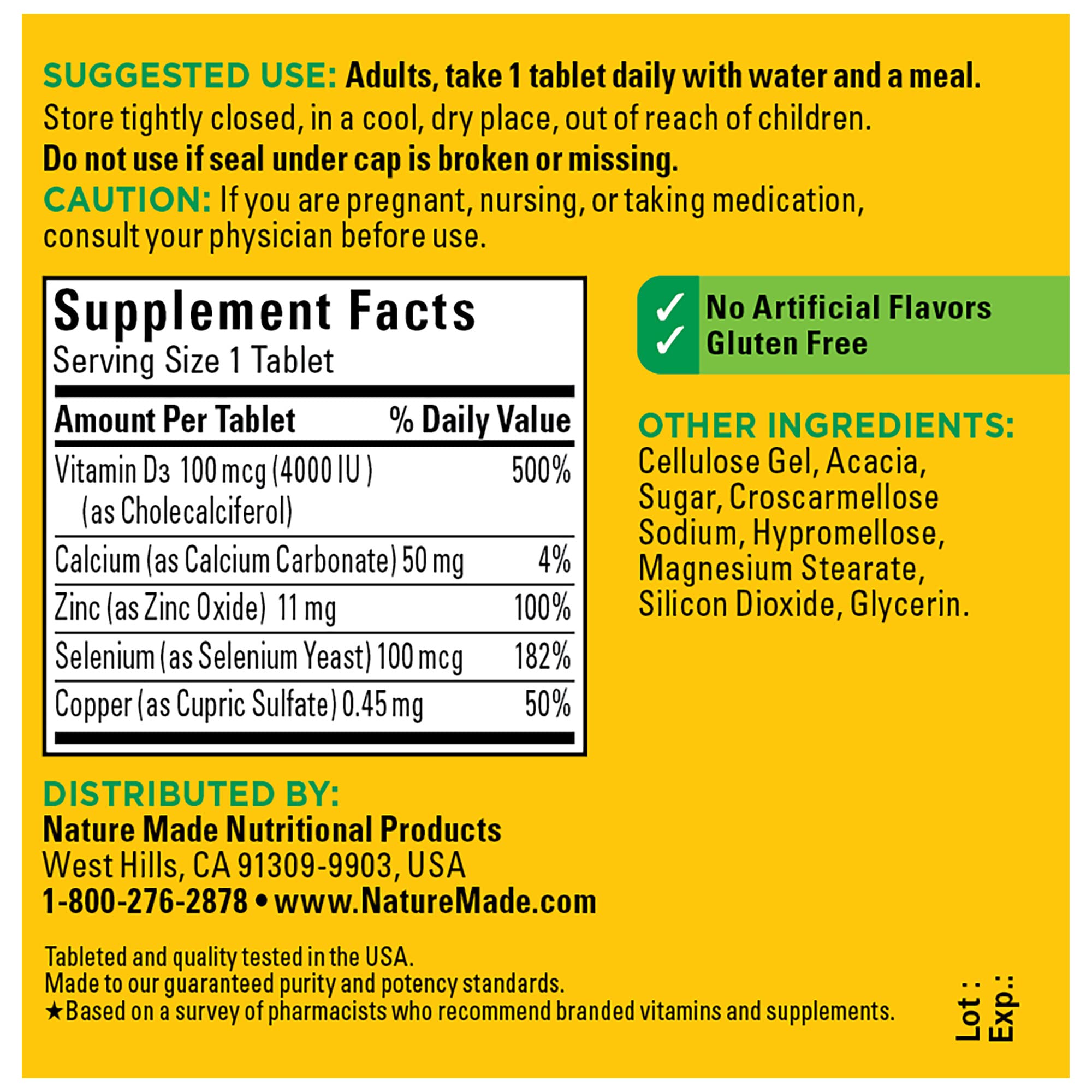 Nature Made D3 Selenium Zinc Copper graphic highlights key mineral nutrition.