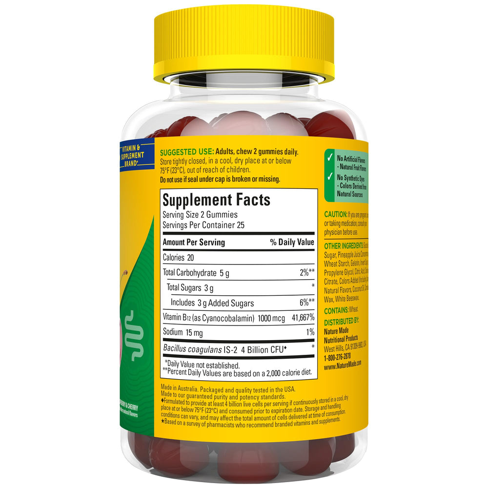 Nature Made Digestive Probiotics Energy B12 Gummies free from artificial colors and flavors