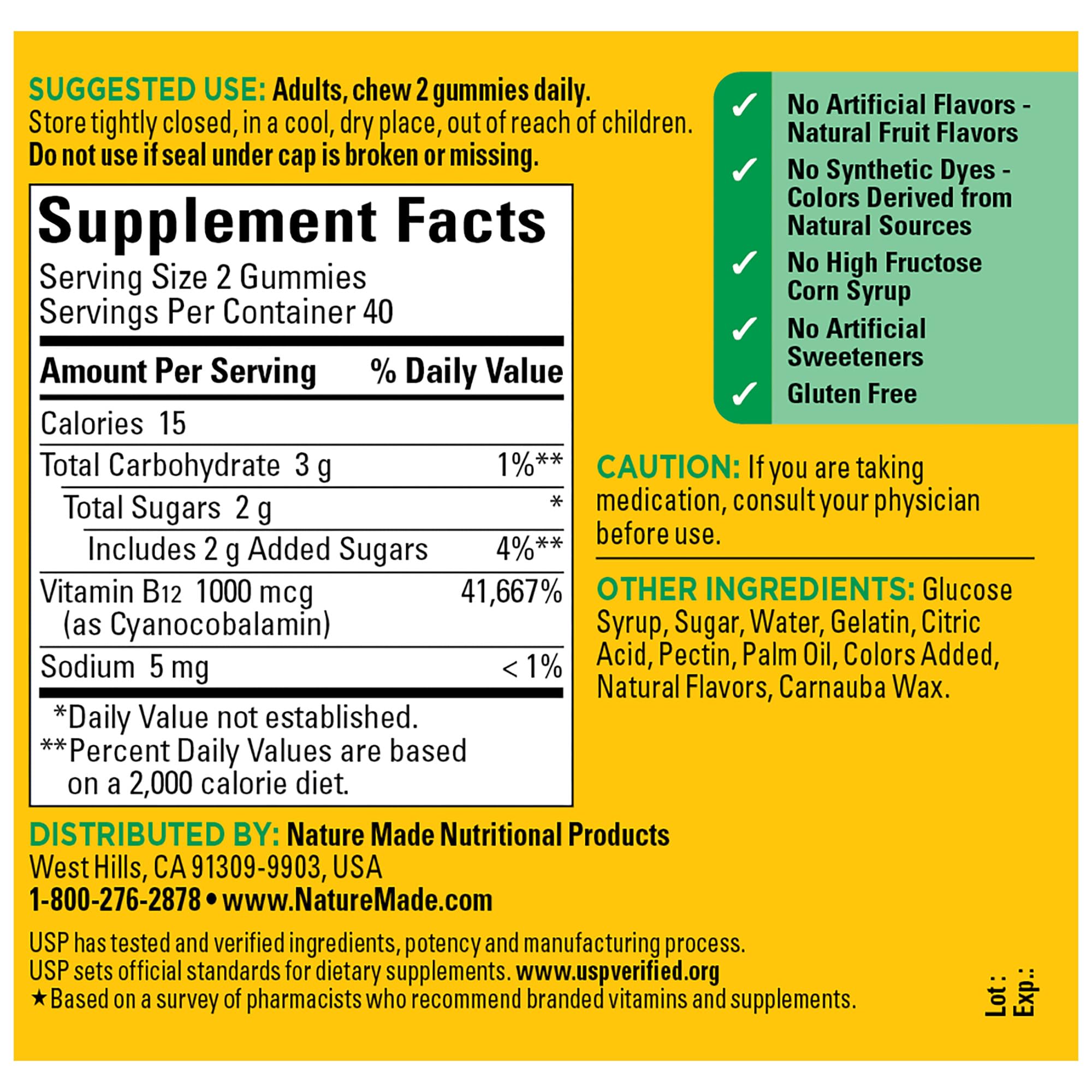 Nature Made Energy B12 label-back explains ingredients and directions for use.