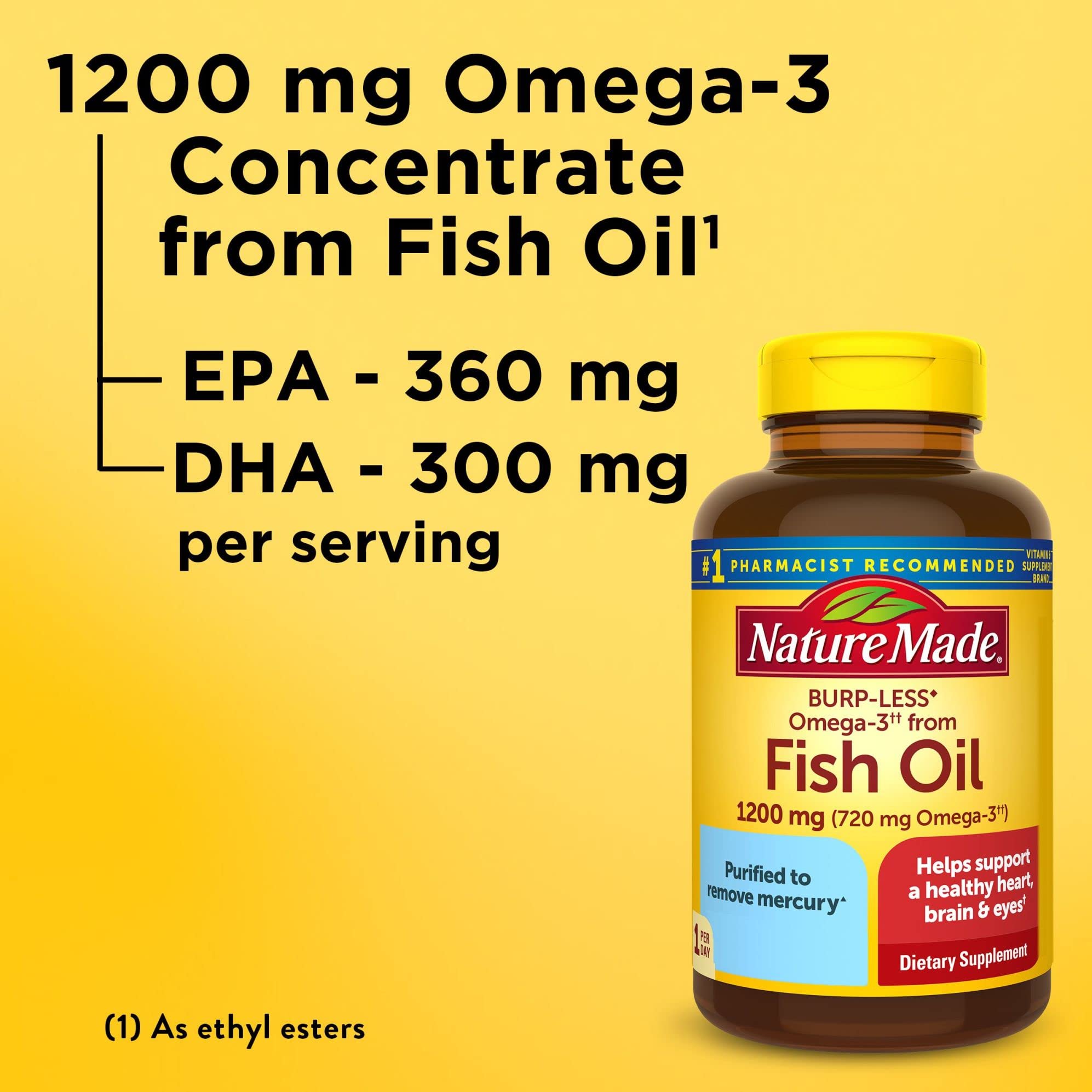Coated Nature Made omega-3 softgels designed to reduce fish burps during use.