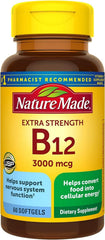 Nature Made Extra Strength B12 3000 mcg softgels bottle, supporting energy metabolism
