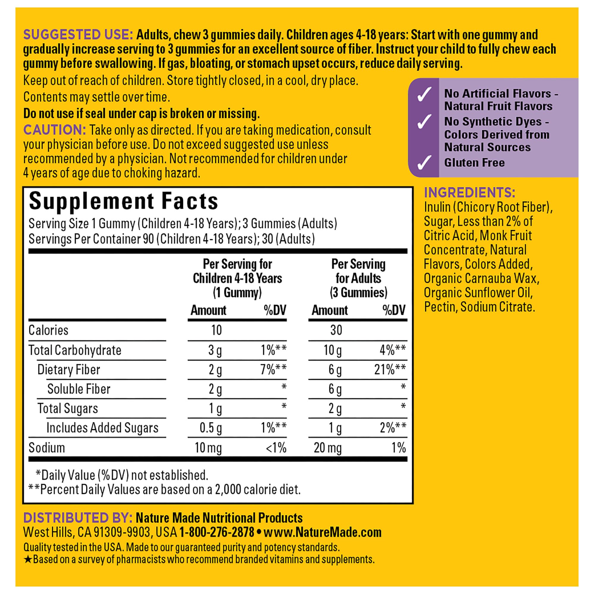Nature Made Prebiotic Fiber Gummies ingredients inulin highlight.