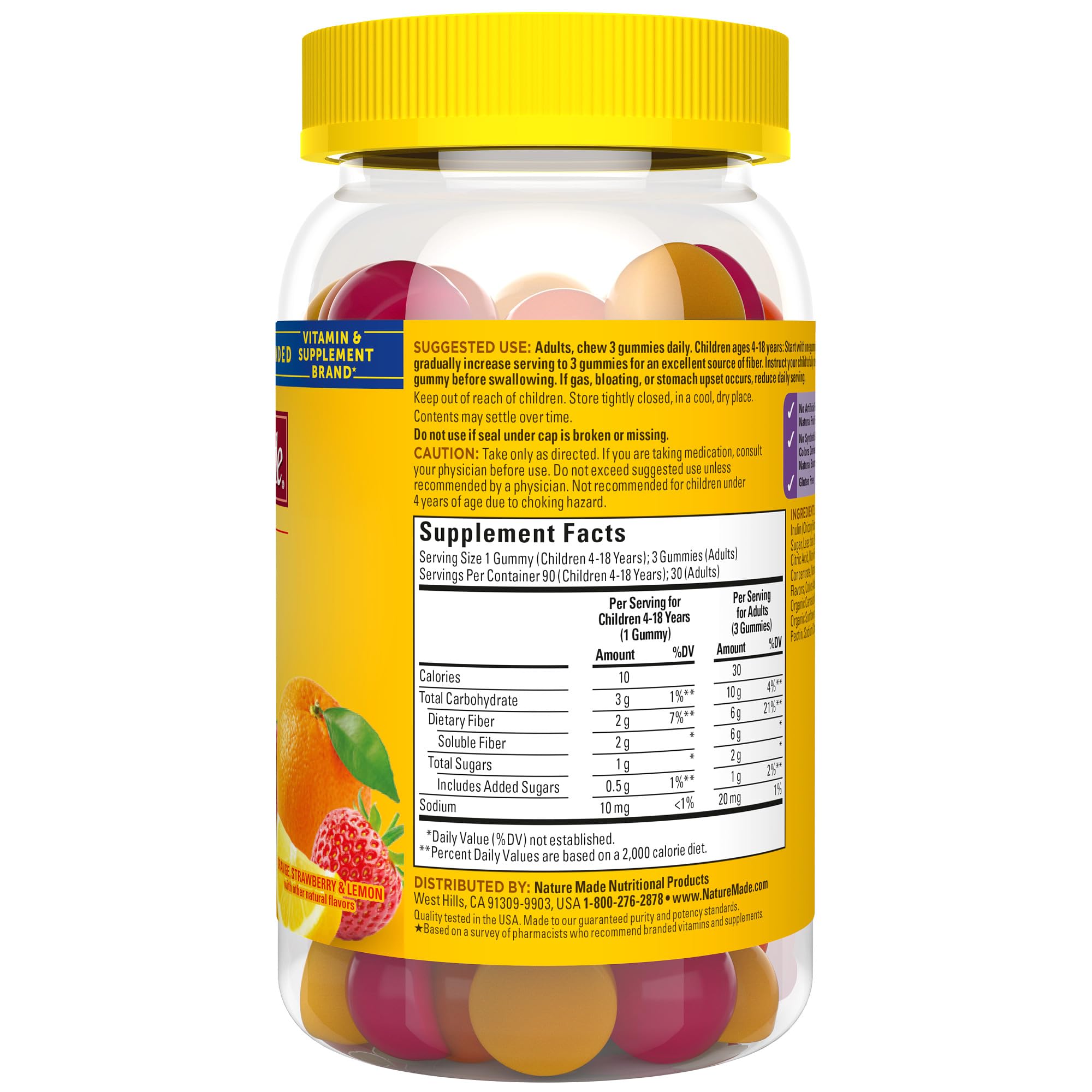 Nature Made Fiber Gummies made in the USA label on bottle.
