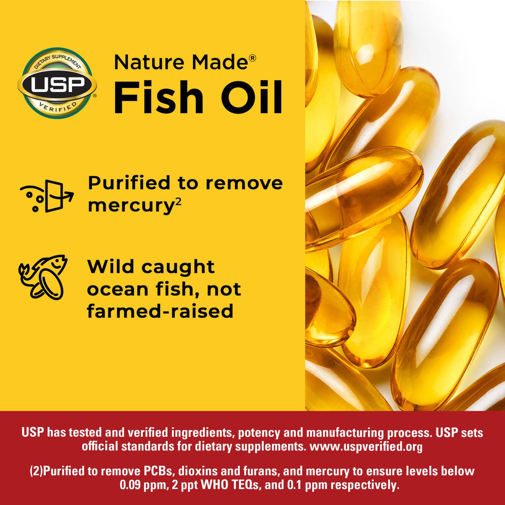 Nature Made Fish Oil 1200mg softgel being poured for easy daily use.