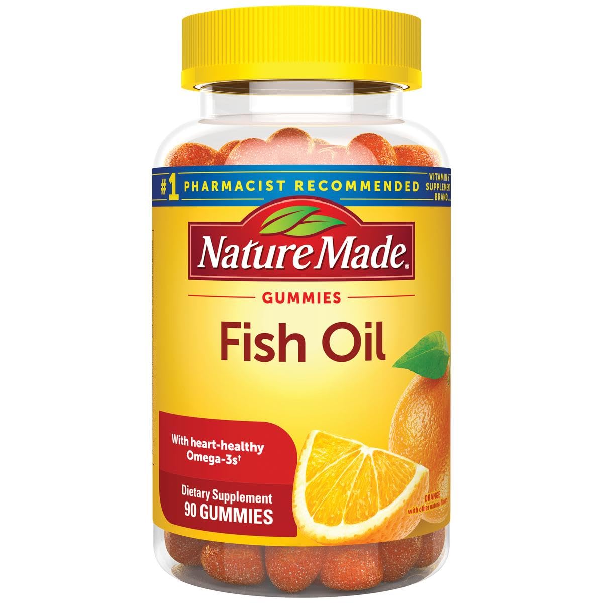 Nature Made Fish Oil Gummies bottle front with colorful gummies and heart-healthy EPA and DHA