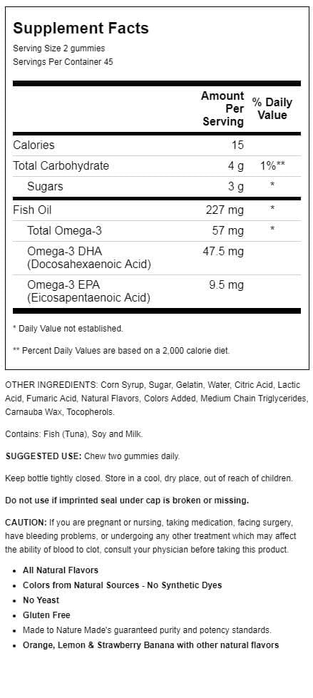 Nature Made Fish Oil Gummies bottle label highlighting 57 mg EPA/DHA per serving