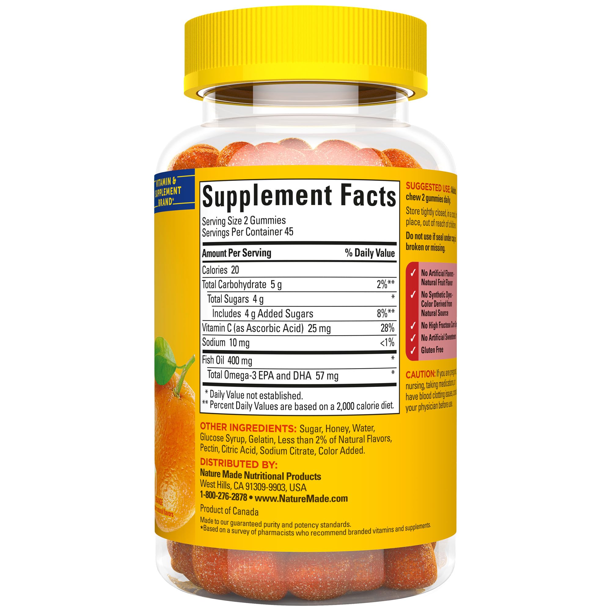 Nature Made Fish Oil Gummies no artificial colors, color derived from natural sources for purity.