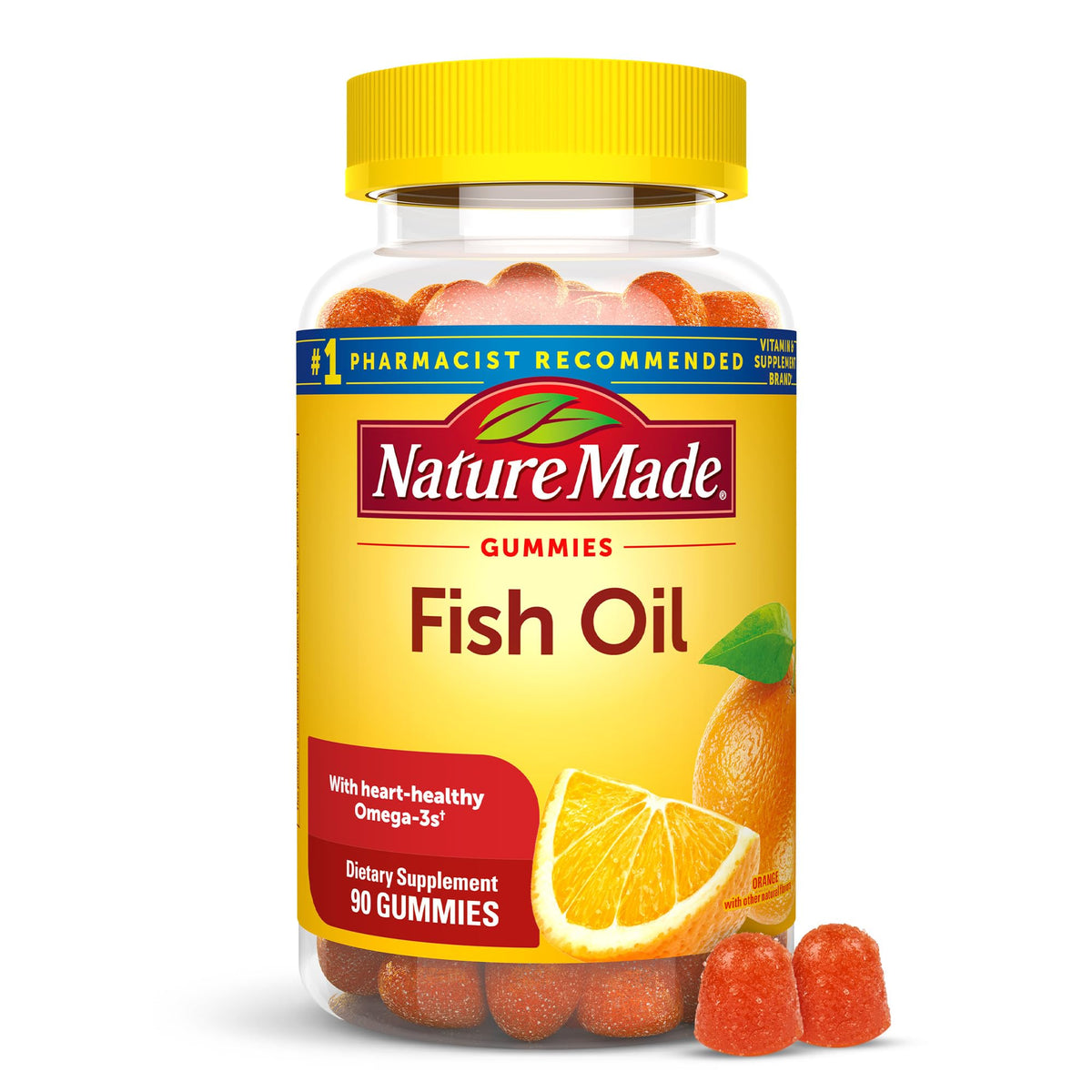 Nature Made Fish Oil Gummies orange flavor, a tasty omega-3 source for daily use and heart support.