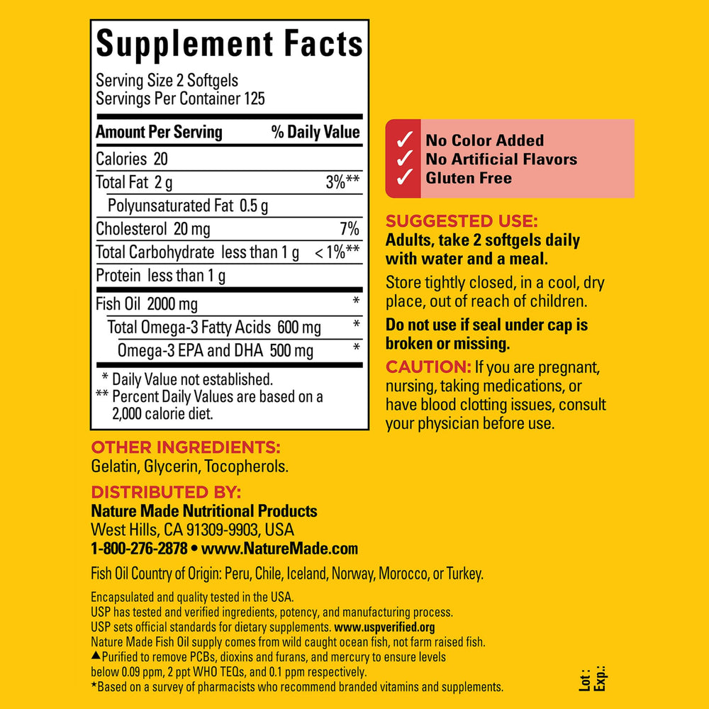 Two Nature Made Fish Oil softgels highlighting Omega-3 content for daily use