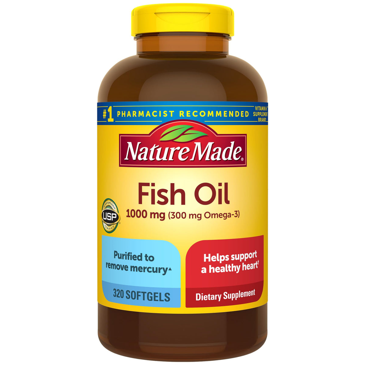 Nature Made Fish Oil softgels bottle front for 160-day supply supporting heart health.