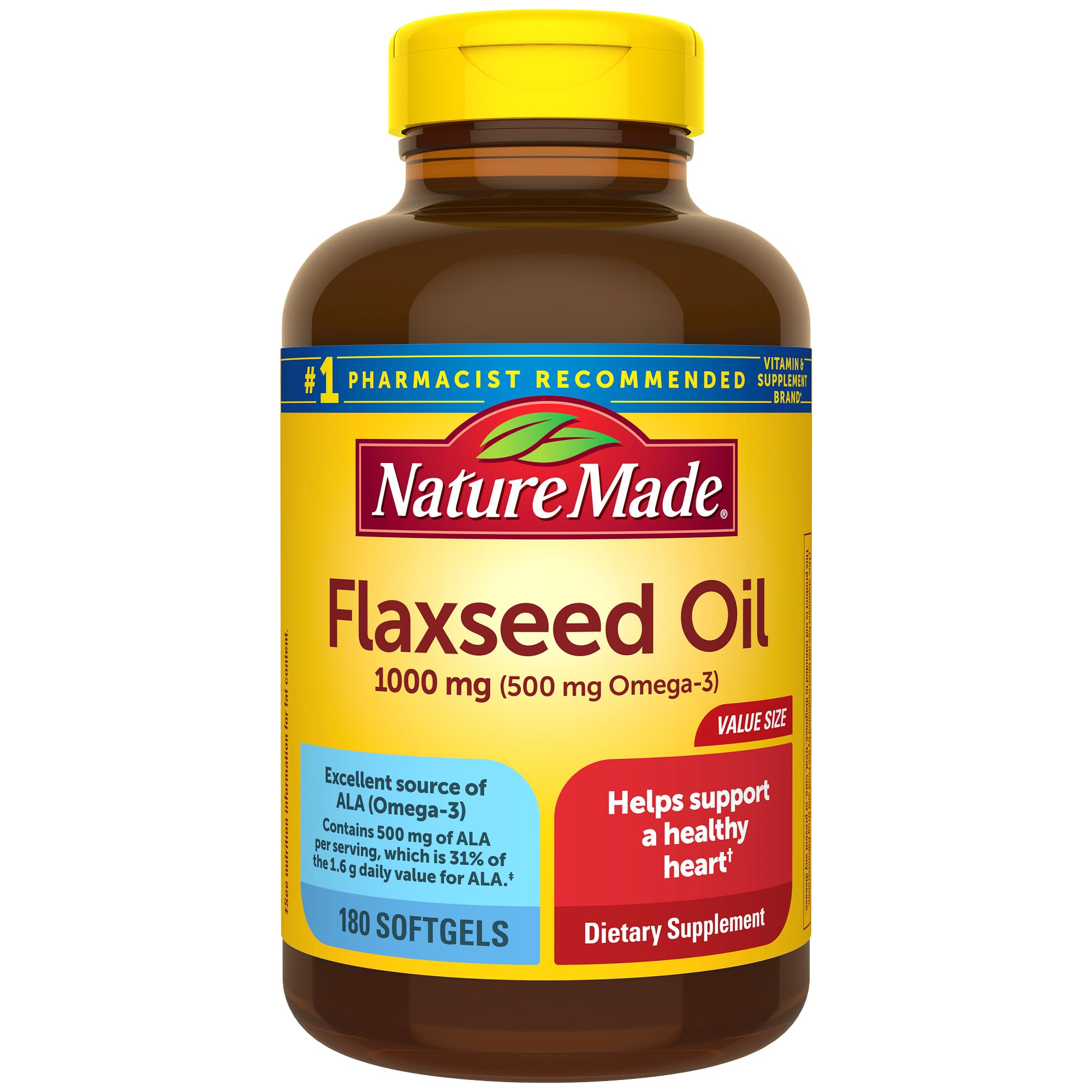 Nature Made Flaxseed Oil softgel bottle highlighting heart health support.