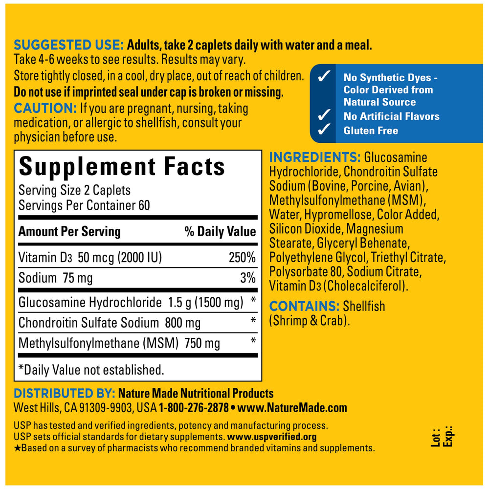 Daily-dose setup with water demonstrates two caplets per day for Nature Made supplement