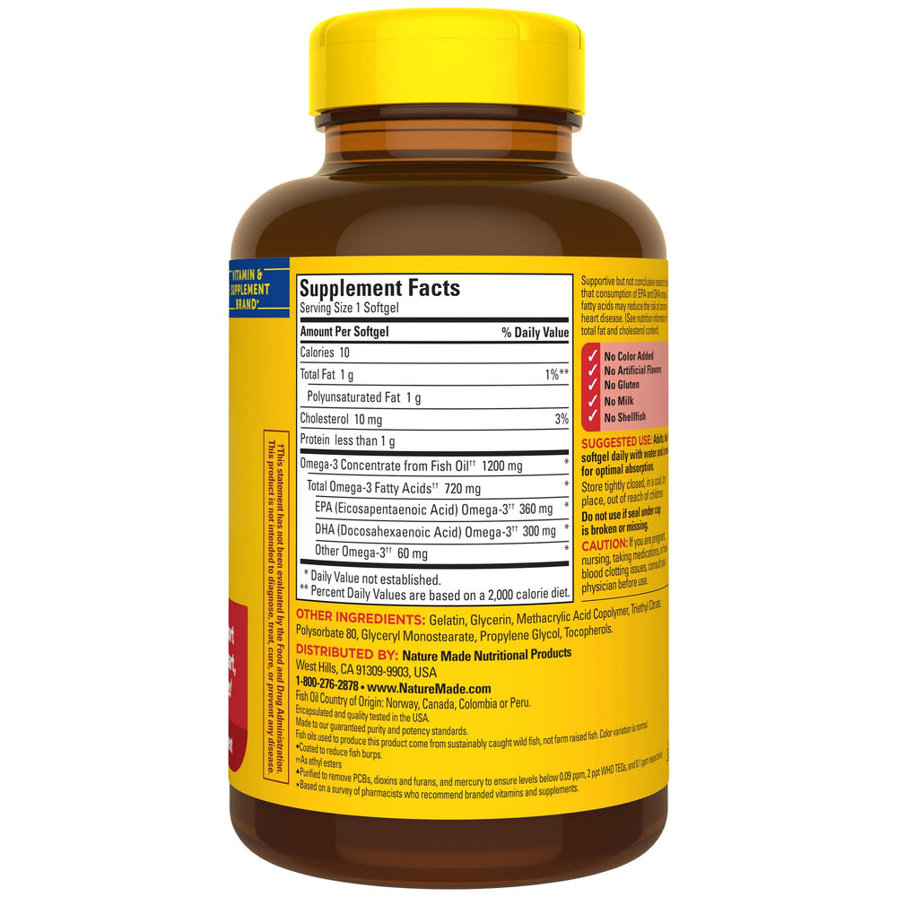 Lifestyle scene with Nature Made omega-3 bottle at mealtimes for absorption.