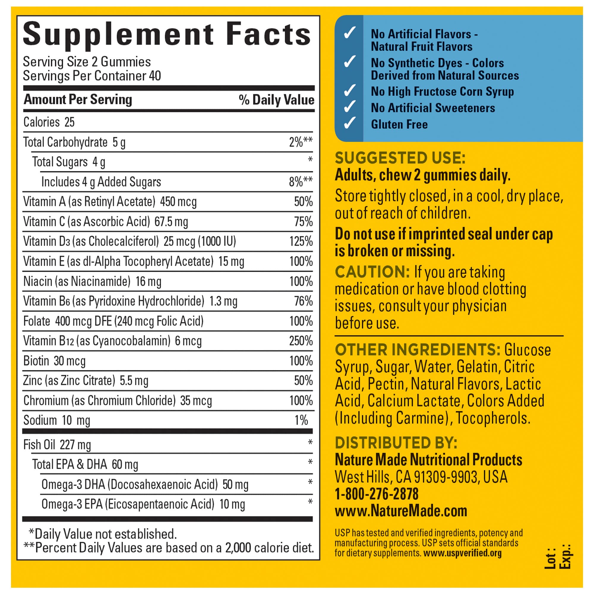 Nature Made gomitas sin gluten para hombres, sabor agradable y consumo fácil cada día.