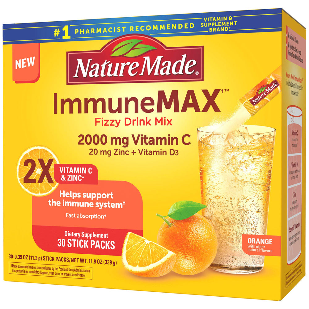 Nature Made ImmuneMAX fizzy drink in a glass for convenient daily use.