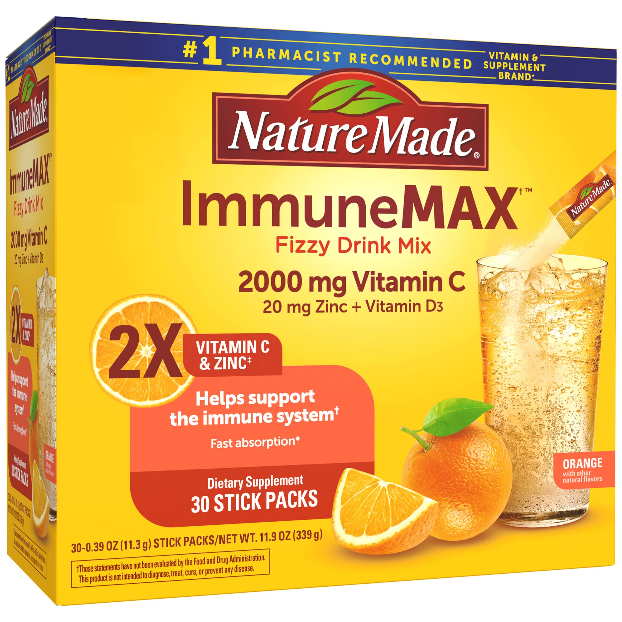 Nature Made ImmuneMAX orange stick pack in water for a refreshing daily ritual.
