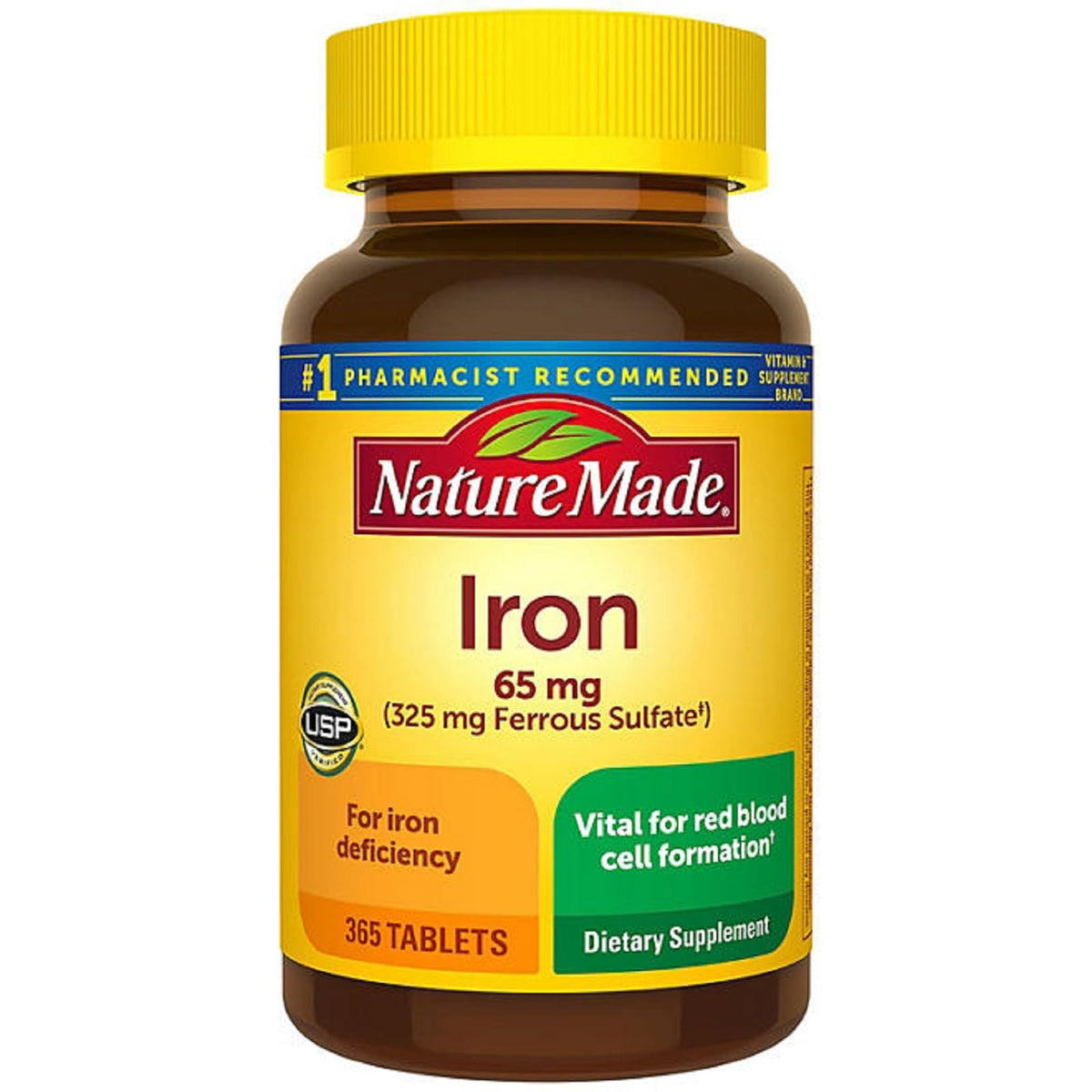 Nature Made Iron 65 mg tablets bottle close-up highlights daily iron support.