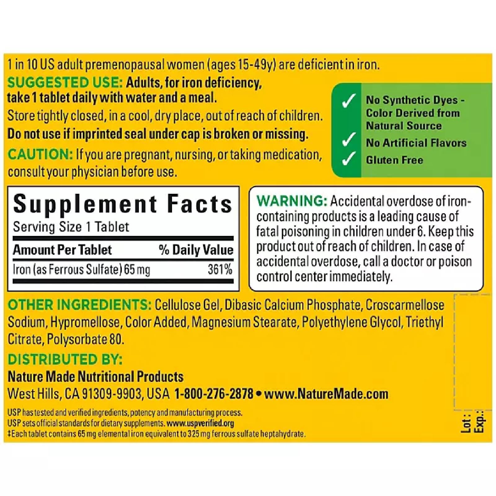 Nature Made Iron 65 mg tablets with meal, showing recommended daily use.