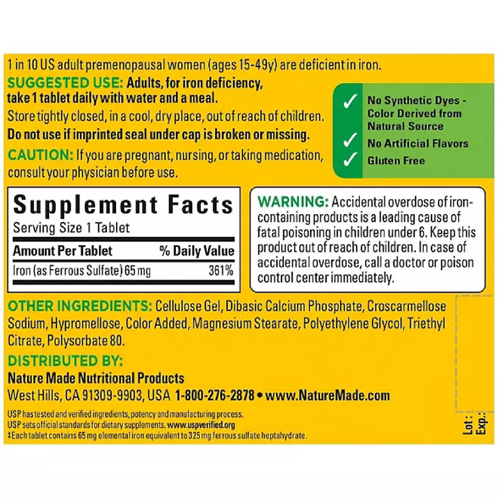 Nature Made Iron 65 mg tablets with meal, showing recommended daily use.