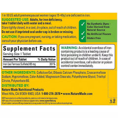 Nature Made Iron 65 mg tablets with meal, showing recommended daily use.
