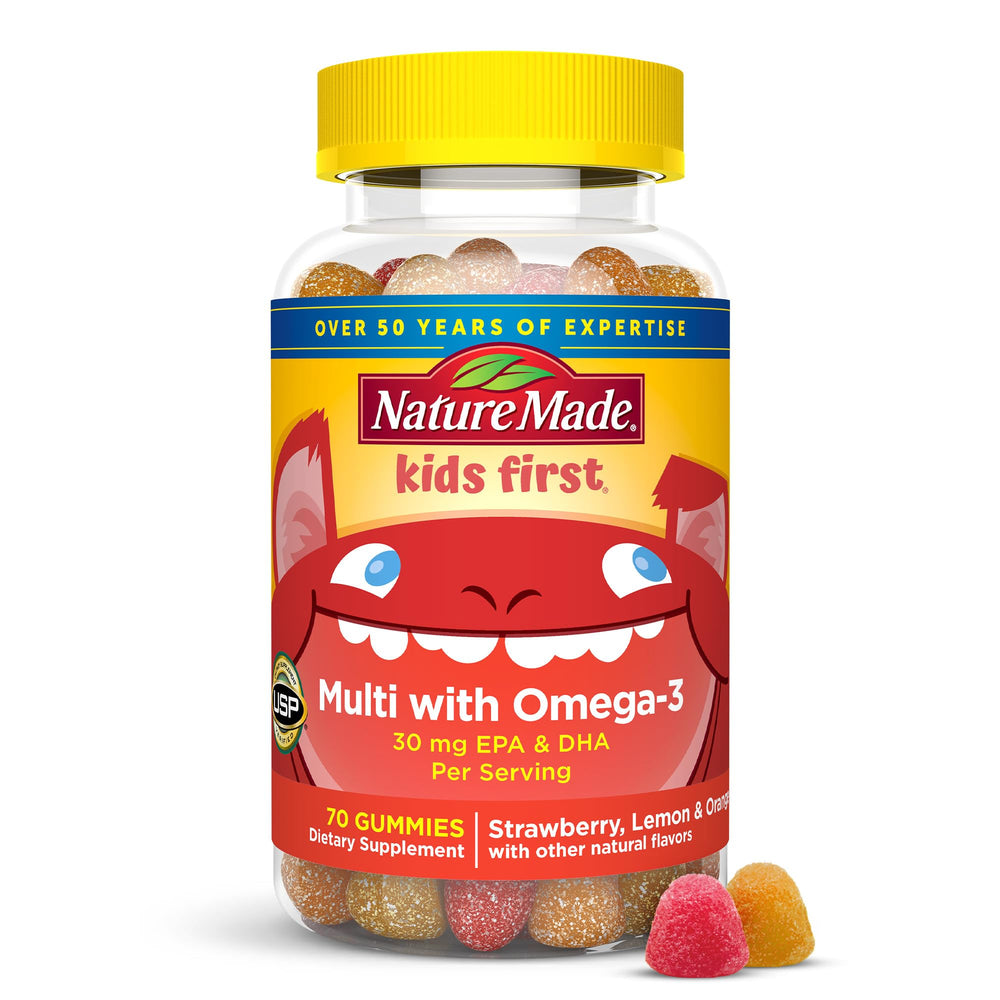 Nature Made Kids First multivitamin omega-3 gummies bottle for easy daily nutrition