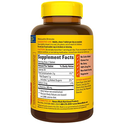 Gluten-free and dairy-free icons beside Nature Made L-Theanine bottle