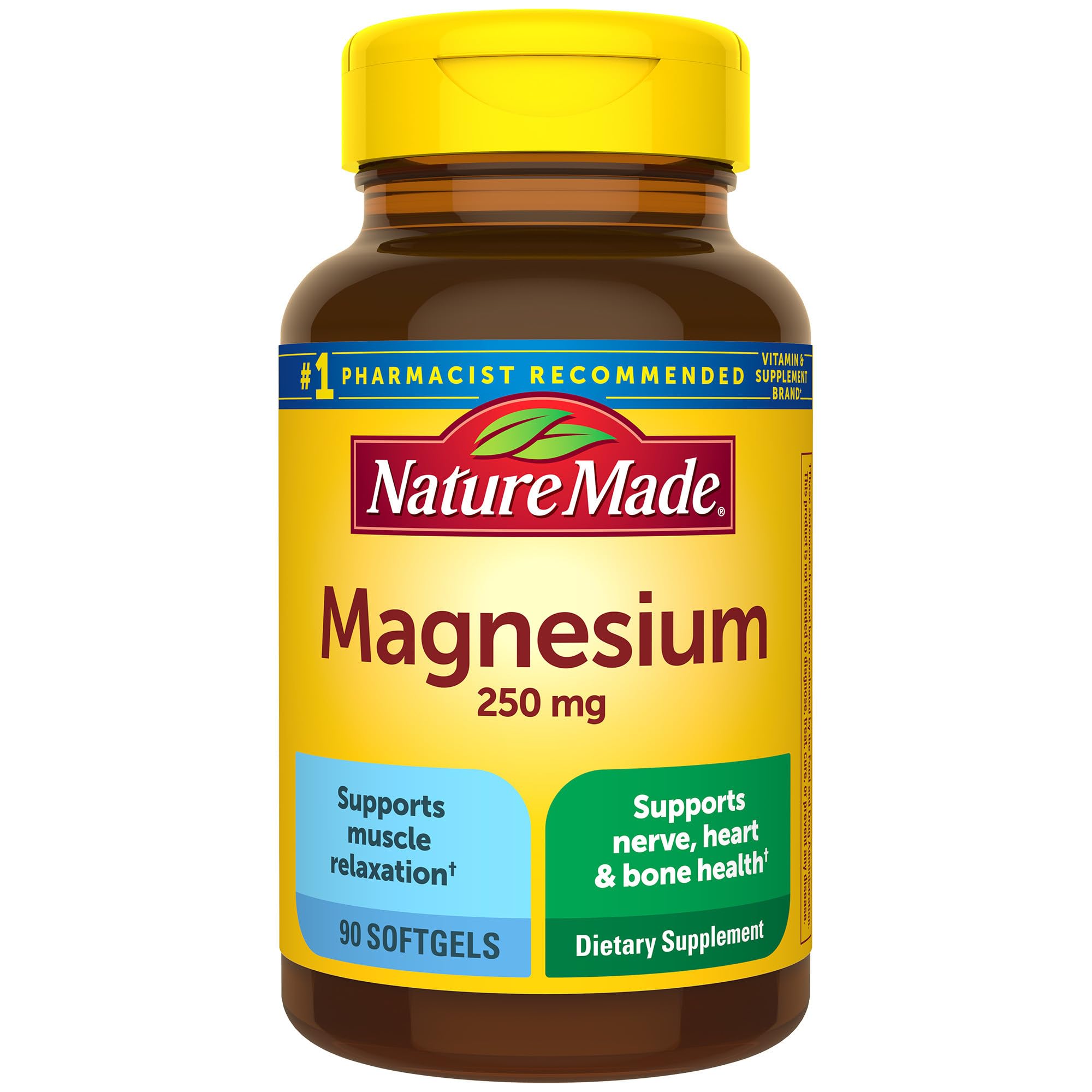 Nature Made Magnesium 250 mg softgels bottle supports muscle relaxation and heart health.