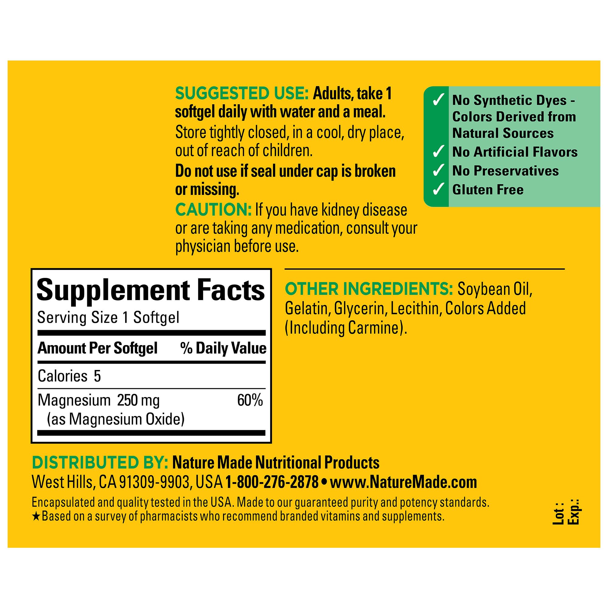 Nature Made magnesium 250 mg softgel for daily use in routine.