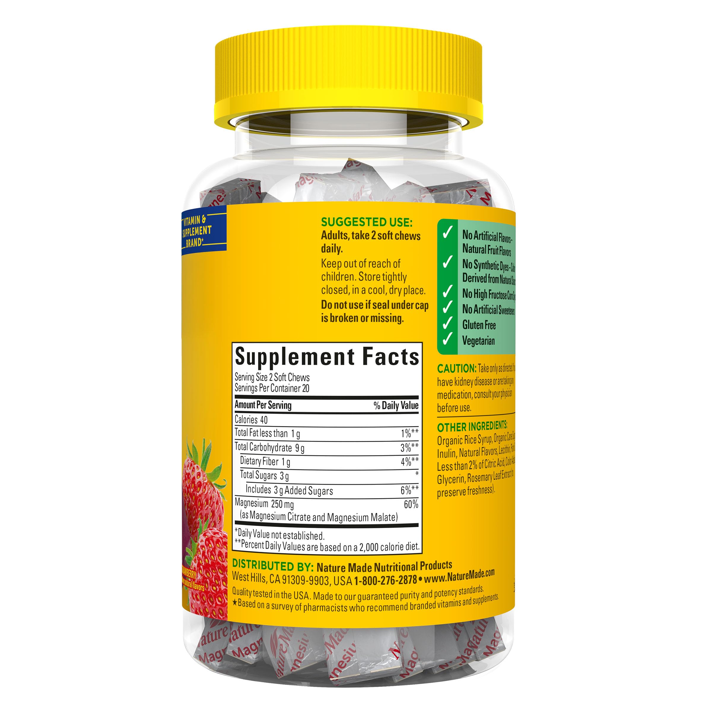 Nature Made daily routine with strawberry magnesium chews on bedside table