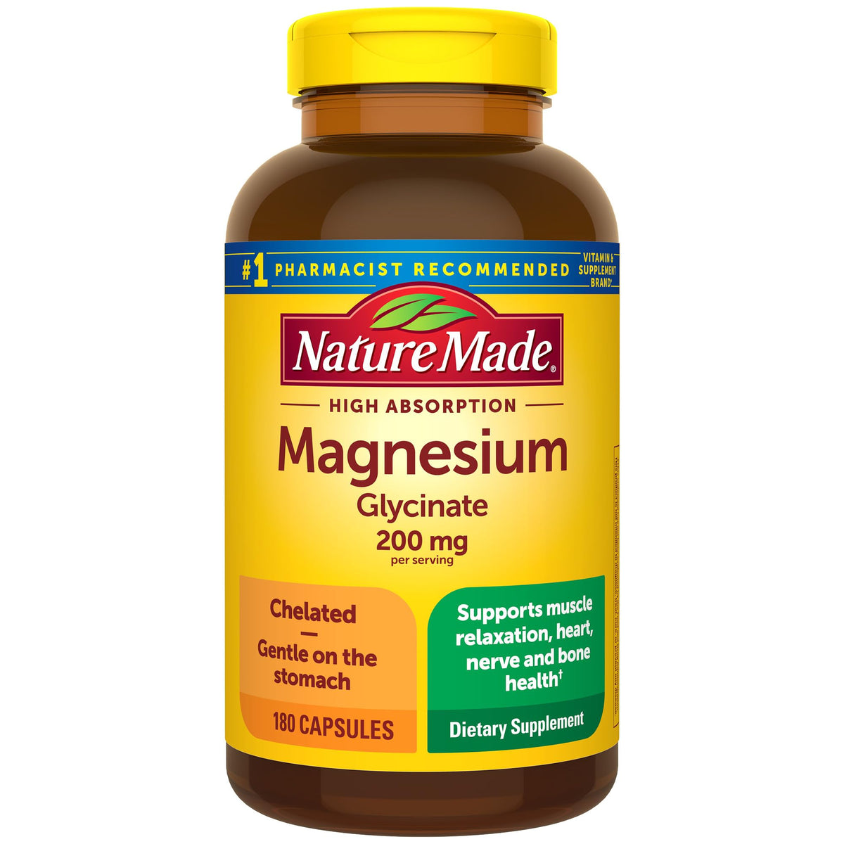 Nature Made Magnesium Glycinate 200 mg bottle front view for high absorption