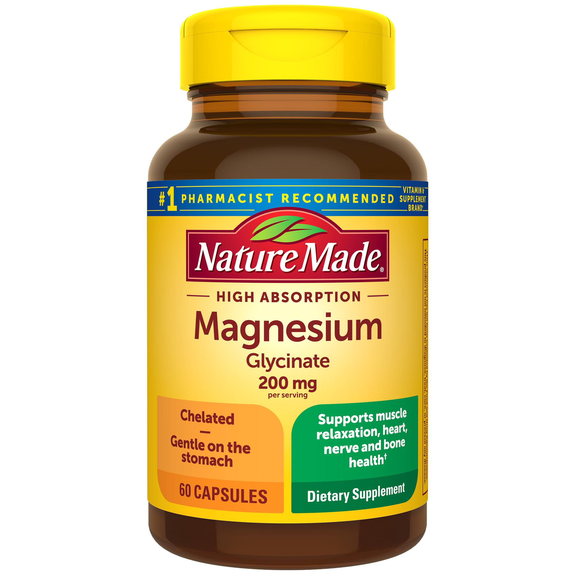 Nature Made Magnesium Glycinate 200 mg bottle on the counter, suggesting daily relaxation benefits.