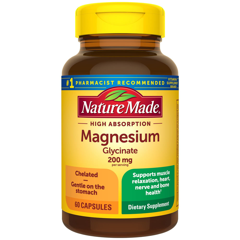 Nature Made Magnesium Glycinate 200 mg bottle on the counter, suggesting daily relaxation benefits.