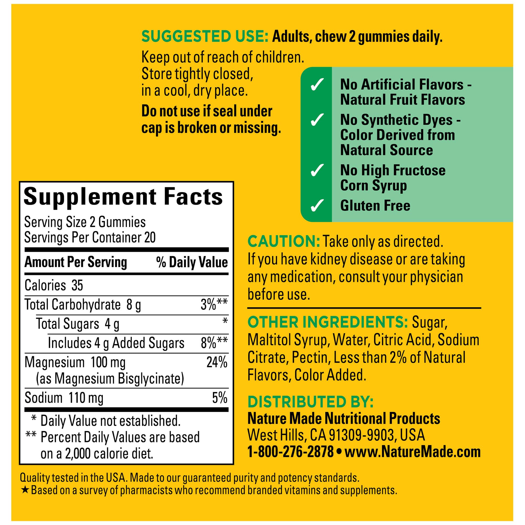 Nature Made Glycinate Gummies ingredients panel showing chelated magnesium