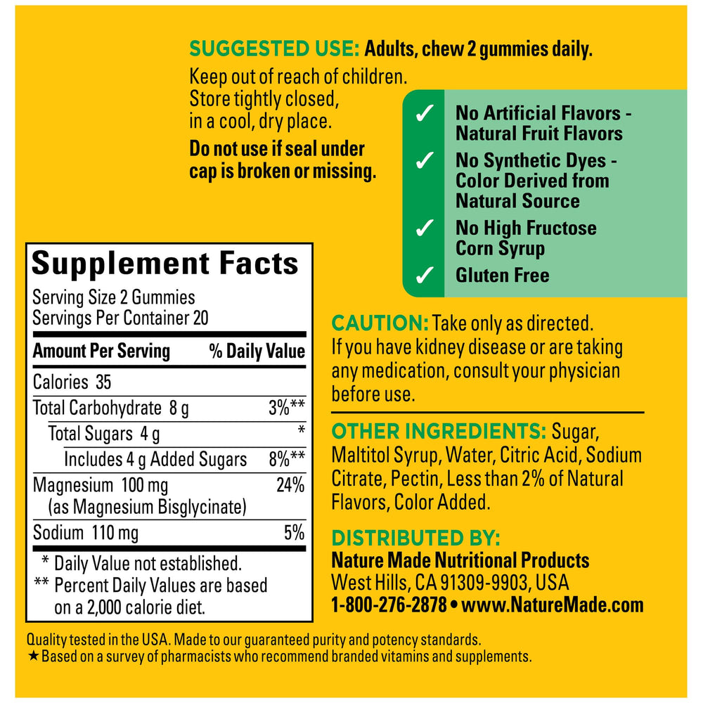 Nature Made Glycinate Gummies ingredients panel showing chelated magnesium