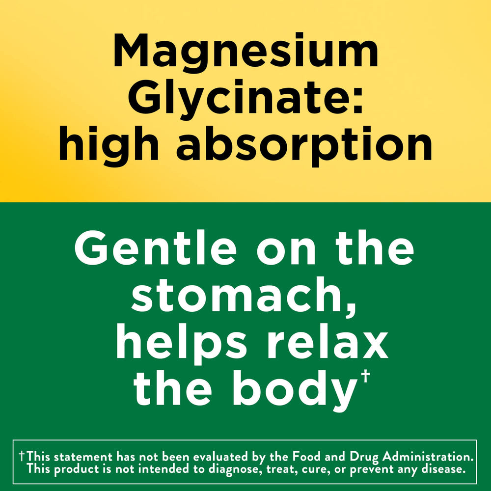 Label closeup of Nature Made Magnesium Glycinate, gluten free and flavor-free.