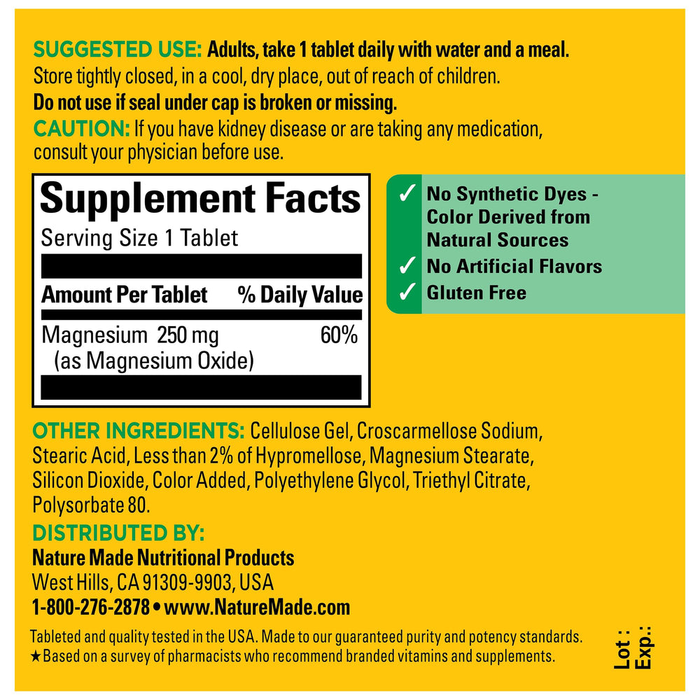 Bottle seal highlights gluten-free and no artificial flavors in Nature Made magnesium oxide.