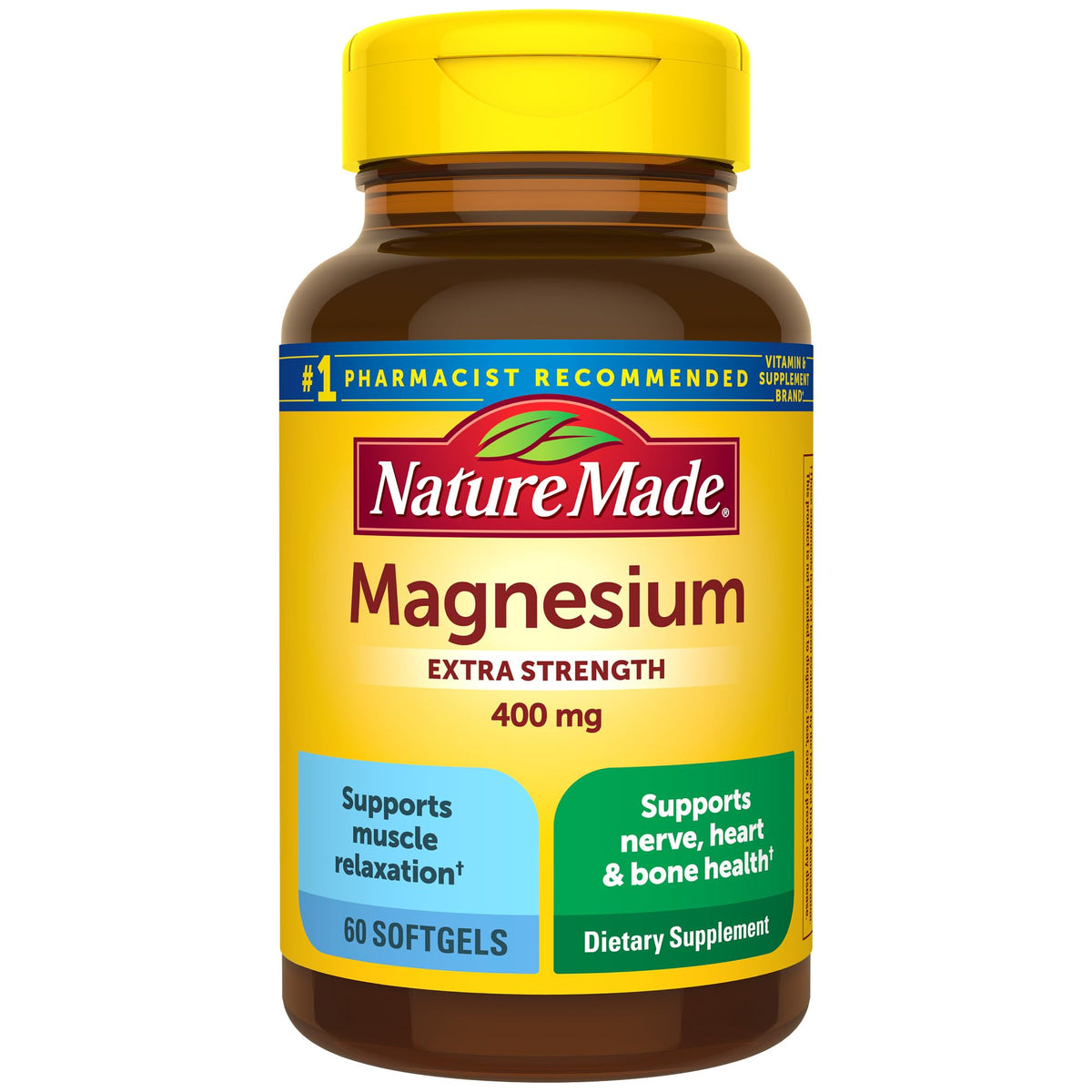 Nature Made Magnesium Oxide 400 mg softgels bottle showing 60-day supply for daily support.