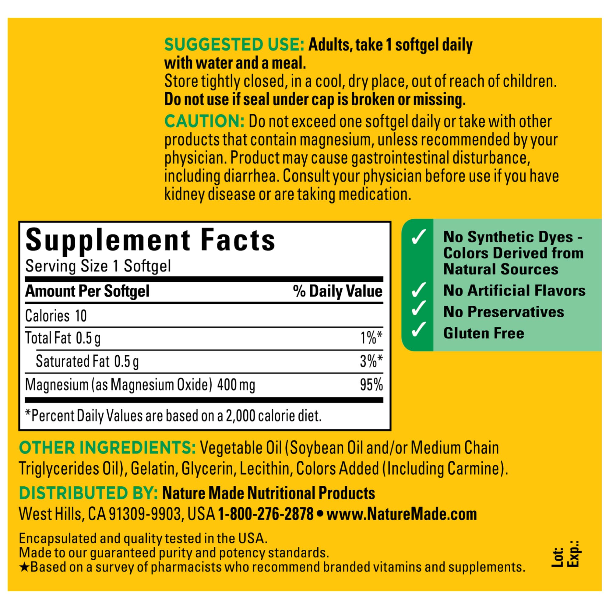 Nature Made Magnesium Oxide 400 mg softgels with water for daily intake.