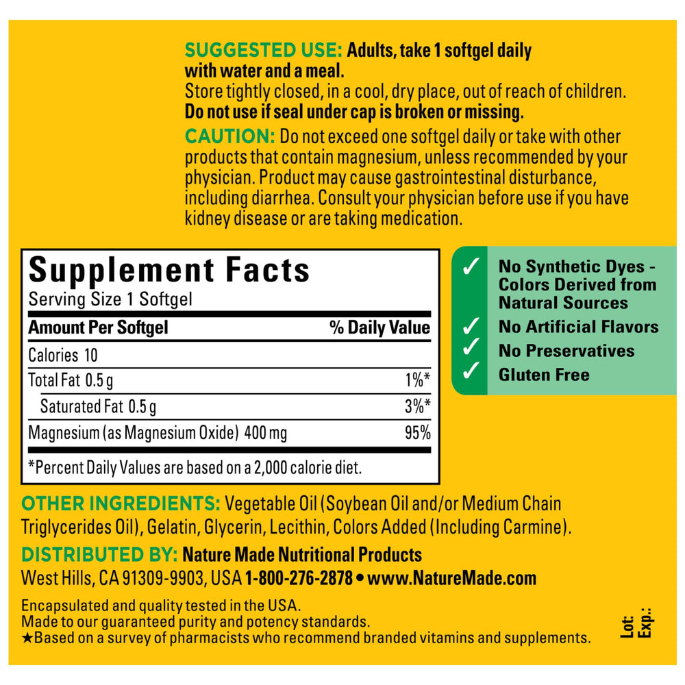 Nature Made Magnesium Oxide 400 mg softgels with water for daily intake.