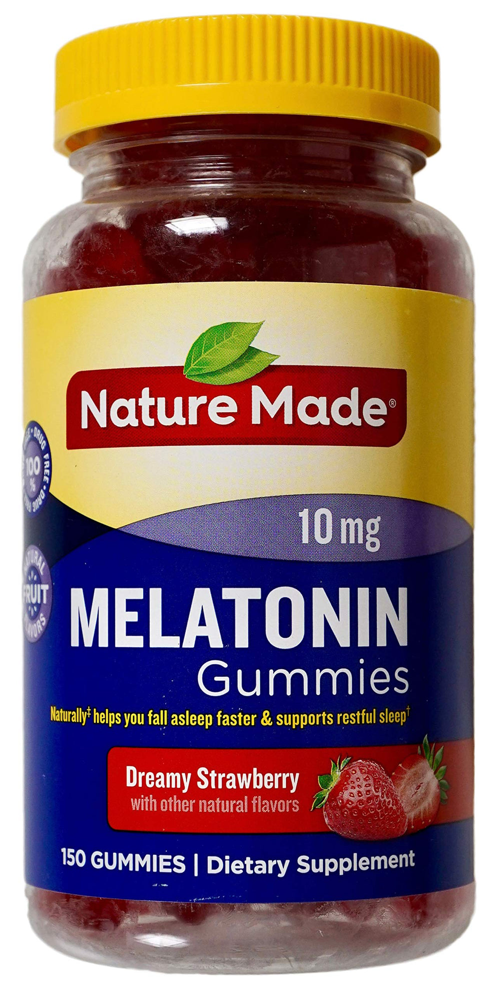 Nature Made Melatonin Dreamy Strawberry bottle shown, promoting smooth sleep onset and restful nights.