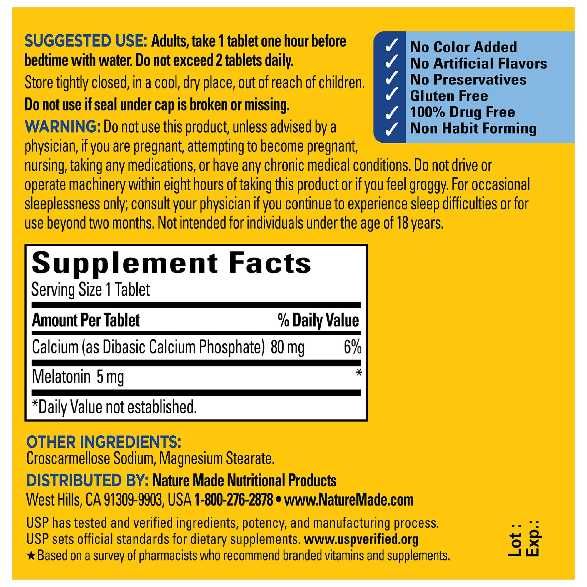 Gluten-free Nature Made Melatonin with no artificial flavors or colors.