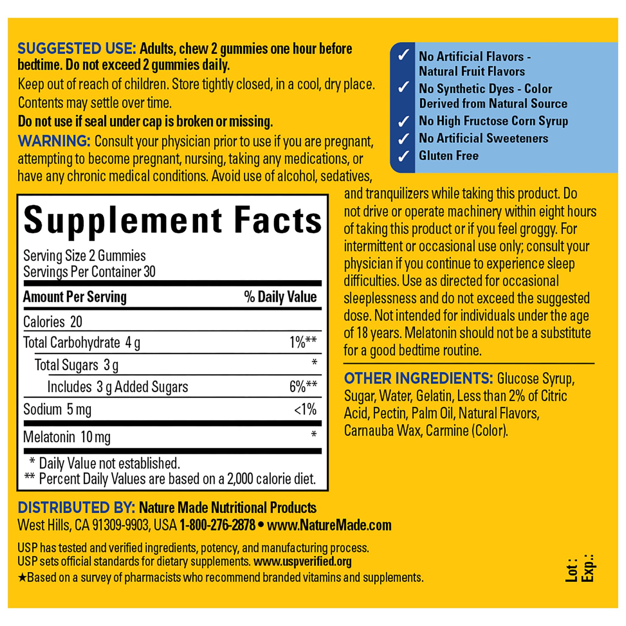 Nature Made Melatonin Gummies ingredients panel on packaging for quality.