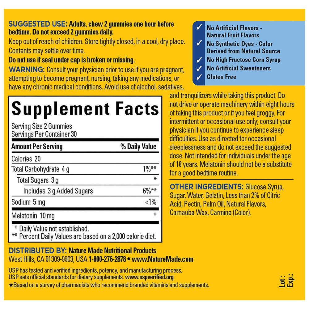 Nature Made Melatonin Gummies ingredients panel on packaging for quality.
